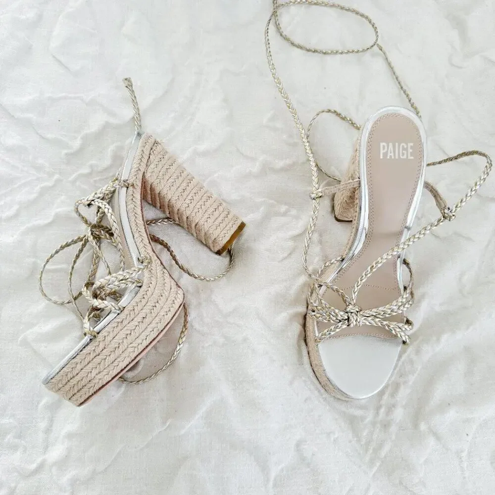 PAIGE Braided Metallic Ankle-Strap Platform Espadrilles Size 9 New